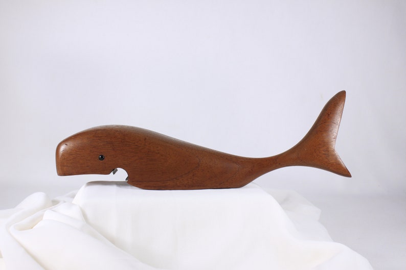 Large teak whale bottle opener, mid century modern bar wares, nautical home decor image 1