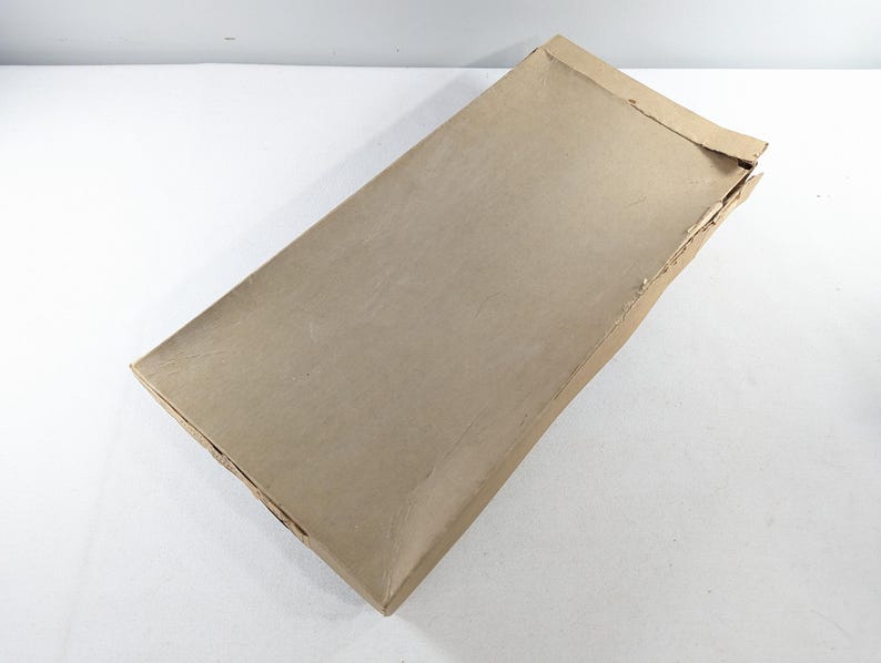 May include: A rectangular, open cardboard box with a light brown exterior. The box is slightly damaged on one side, revealing the corrugated interior. The box is empty and sits on a white surface.