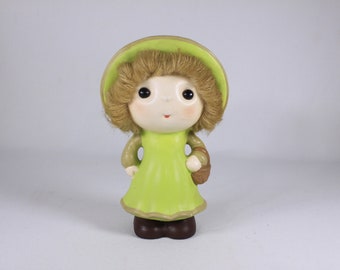 1970s - 1980s Chalkware Girl Doll Bank made in Japan, yarn hair vintage coin bank, prairie girls green dress