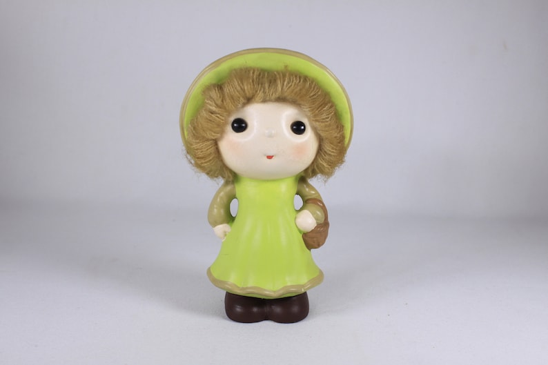 1970s 1980s Chalkware Girl Doll Bank made in Japan, yarn hair vintage coin bank, prairie girls green dress image 1