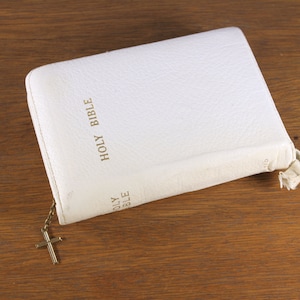 Vintage gilt-cut Bible in white protective cover, self-pronouncing edition king james bible Old and New Testament image 1