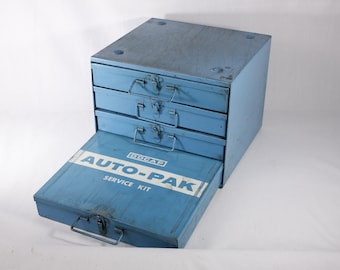 Vintage Blue metal drawer toolbox, parts storage cabinet, DOCAP AUTO-PAK service kit, car mechanic metal storage box, spare parts organizer