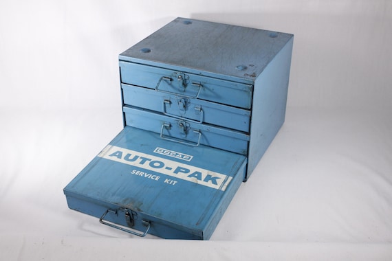 Vintage Blue Metal Drawer Toolbox, Parts Storage Cabinet, DOCAP AUTO-PAK  Service Kit, Car Mechanic Metal Storage Box, Spare Parts Organizer 