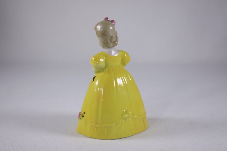 Vintage figurative porcelain hand bell, 4 porcelain girl figurine, young girl in yellow dress hand bell, Flower girl bell image 3