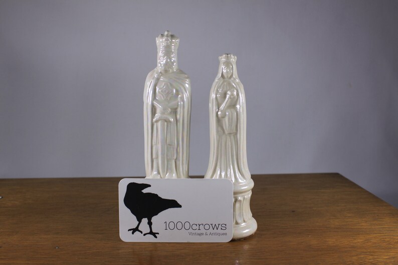 PAIR 66.5 Medieval King and Queen wedding cake toppers pearlescent porcelain, vintage large ceramic chess pieces image 4