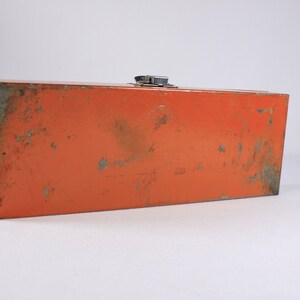 Vintage Orange metal toolbox, small parts storage organizing box, metal pencil box image 7