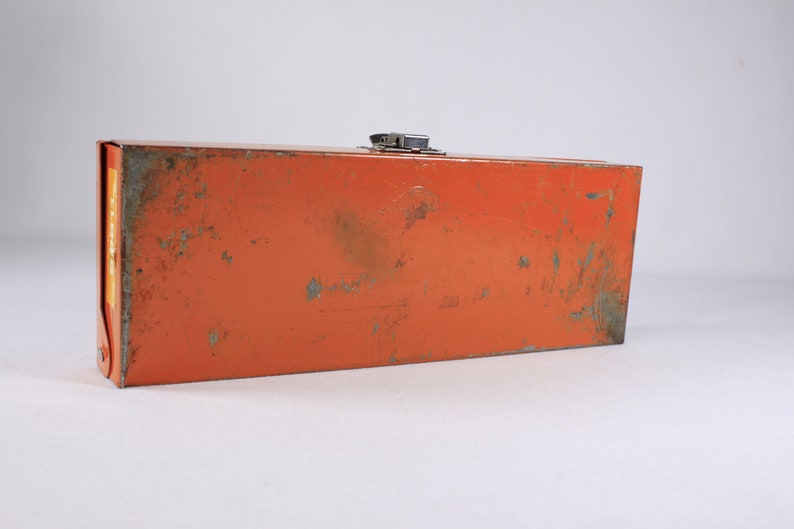 Vintage Orange metal toolbox, small parts storage organizing box, metal pencil box image 7