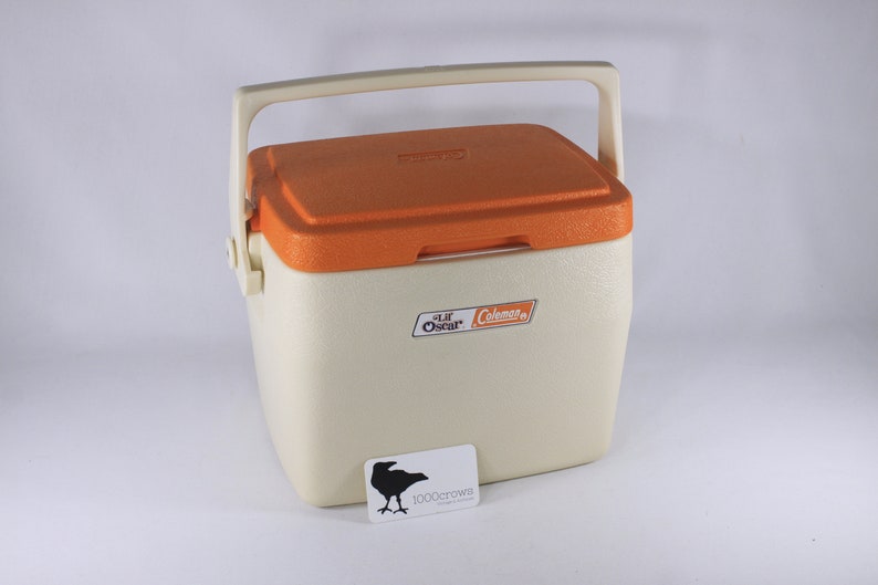 Vintage Coleman Lil Oscar cooler, model 5272 white with orange lid / cup holder, Made in Canada May 1985 image 3