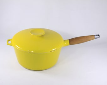 Vintage Copco Cast Iron Yellow Enamel Lidded Cooking Pan, Michael Lax Design Denmark Sauce pan, retro cooking pot with wooden handle