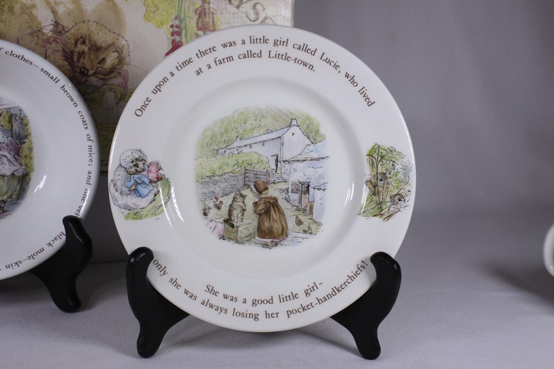 Vintage Mrs Tiggy-Winkle figurine and Nursery set by Wedgwood Of Etruria & Barlaston England, cup plate bowl in original retail box image 3