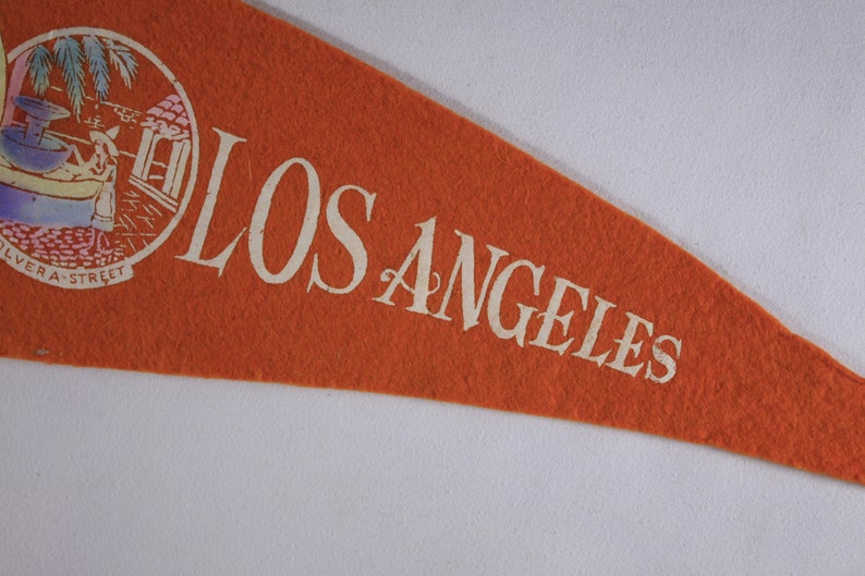1950s Los Angeles tourist souvenir pennant 26, orange felt banner, student dorm room gift image 6