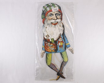 Vintage Danish Jumping Jack Santa advent calendar, moveable creepy paper doll, weird toy green hat