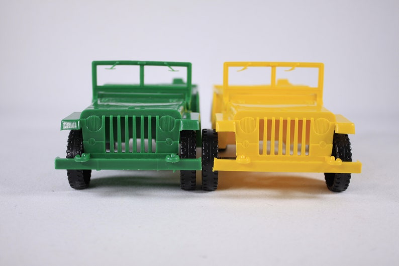 Vintage plastic Jeep Toy Willys jeep made in Canada CHOOSE Yellow or Green ca 1980s image 3