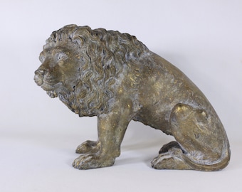 Decorative sitting lion statue, large gilt plaster lion figurine shelf sitter, resin lion decor