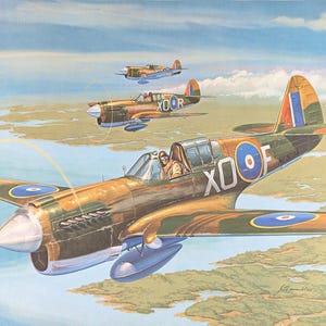 May include: An illustration of three vintage military aircraft in flight. The lead plane is brown and green with blue and white roundels and the text "X0F". The sky is blue with clouds, and the landscape below is a mix of green and brown.
