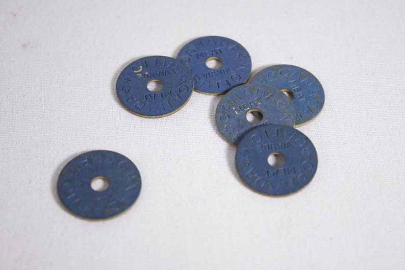 Set of 6 WWII Canada meat rationing tokens, 1945 collectible blue board coins image 9