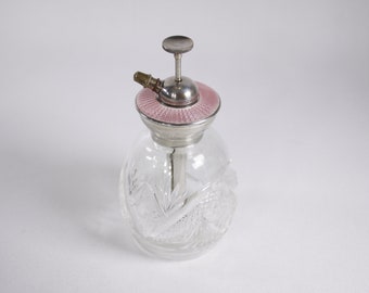 Art Deco Pink guilloche perfume atomizer spray bottle, sterling silver and silver plate on crystal, ballet slipper pink guilloche enamel