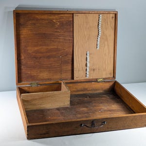 Vintage platte houten gereedschapskist van 16 x 23,5 inch, grote houten koffer met harde koffer voor thuisopslag, doe-het-zelf bureau opbergen instrumenten