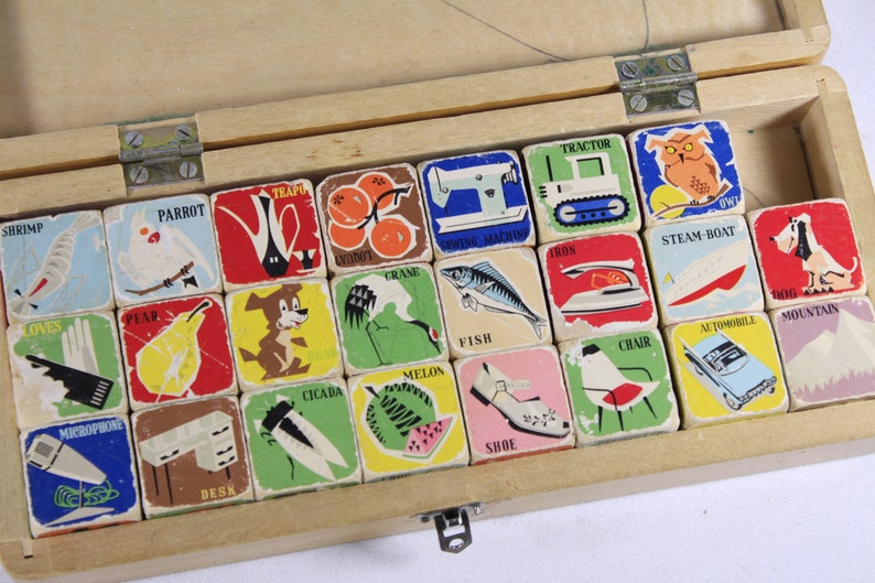 1960s mcm retro Picture Cubes AS IS, WB 260 made in China, alphabet blocks animals items spelling words reading teaching aid image 5
