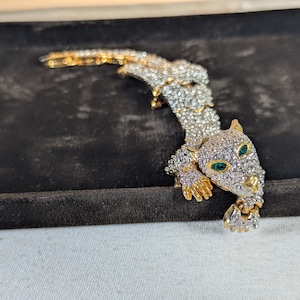Vintage articulated cougar hanging panther, moveable tiger brooch, draping shoulder big cat double pinback costume jewelry brooch