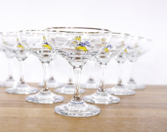 1970s SET of 8 Babycham glasses, stemmed champagne coupes, vintage cocktail glasses, retro midcentury barwares