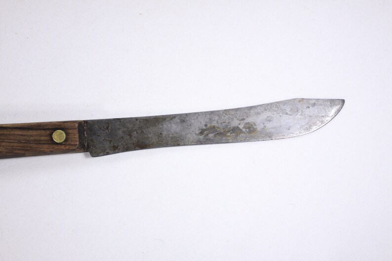 Antique Carbon steel butchers knife, full tang wood handled chefs blade, Vintage wood handle chefs knife image 4