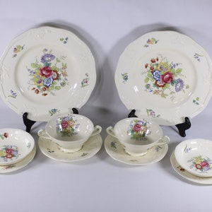 Vajilla vintage Minton England para dos: loza floral, Segunda Guerra Mundial (10 piezas)