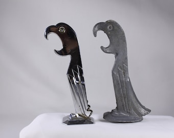 A PAIR of 1929 - 1930s Manuel Avillar parrot bottle openers, prohibition era barwares, Negbaur USA patent wine bottle corkscrew