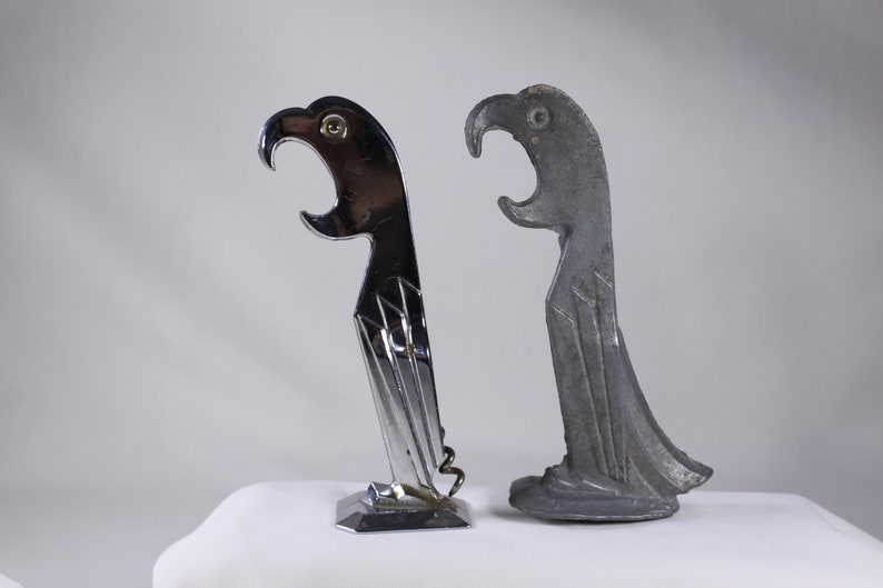 A PAIR of 1929 1930s Manuel Avillar parrot bottle openers, prohibition era barwares, Negbaur USA patent wine bottle corkscrew image 1