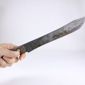 Antique Carbon steel butchers knife, full tang wood handled chefs blade, Vintage wood handle chefs knife image 2