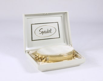 Vintage gold tone Speidel ID bracelet 9 1/4" long, original box, not engraved, MCM brushed chunky chain bracelet