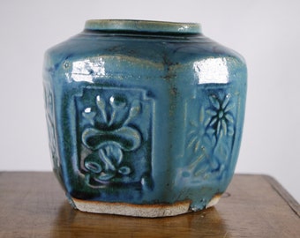 Antique Blue Chinese hexagonal ginger jar 4.5", medium size blue ginger jar, Chinese pottery jar antique home decor