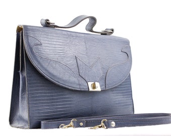 Vintage blue leather crossbody purse, snake imprint handbag two way handbag, vintage ladies purse navy blue