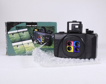 1990s plastic 4-in-1 sport action camera, vintage point and shoot 4 lens camera, lomography Lofi film photography