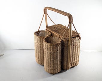 Vintage MCM Camping Wicker Rattan Picnic Basket with Double Wine Bottle Holder