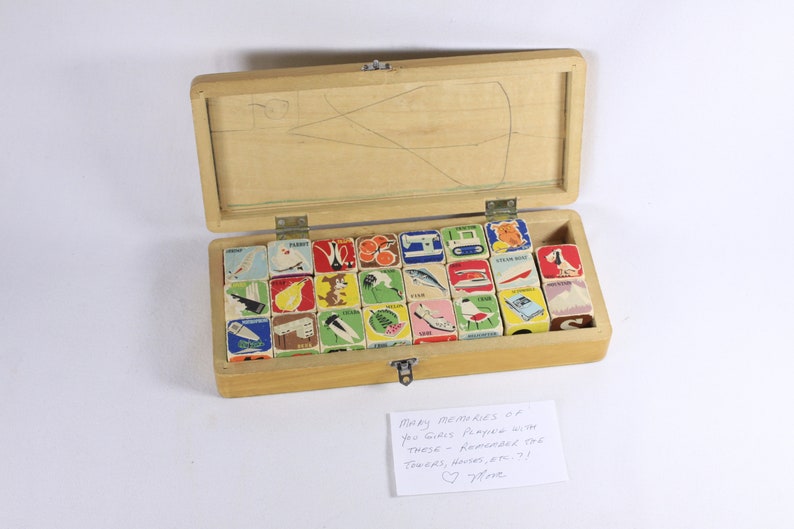 1960s mcm retro Picture Cubes AS IS, WB 260 made in China, alphabet blocks animals items spelling words reading teaching aid image 4