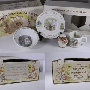 Vintage Mrs Tiggy-Winkle figurine and Nursery set by Wedgwood Of Etruria & Barlaston England, cup plate bowl in original retail box image 8