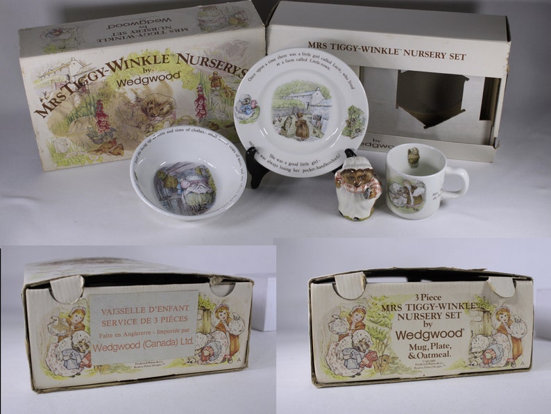 Vintage Mrs Tiggy-Winkle figurine and Nursery set by Wedgwood Of Etruria & Barlaston England, cup plate bowl in original retail box image 8