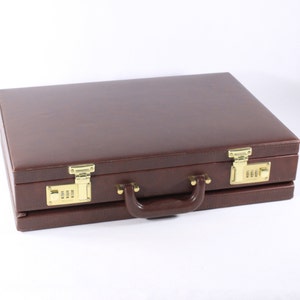 Vintage McBrine expandable brown vinyl briefcase with number lock, men's work attache laptop hard case, overnight hard bag, camera storage image 1
