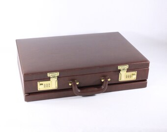 Vintage McBrine expandable brown vinyl briefcase with number lock, men's work attache laptop hard case, overnight hard bag, camera storage