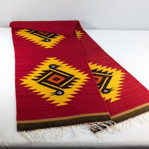 Vintage Zapotec Southwest Mexican Handwoven Wool Table Runner Rug 12 x 62&quot;, geometric bird pattern in red yellow brown Oaxaca wall rug