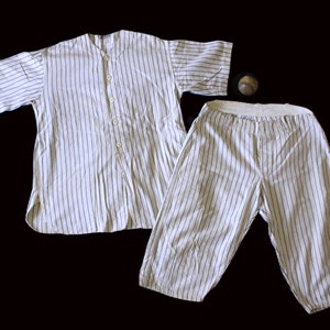 ca 1930s striped Baseball uniform and leather baseball, Sport collectible uniform, vintage sport equipment for TV movie prop or display image 1