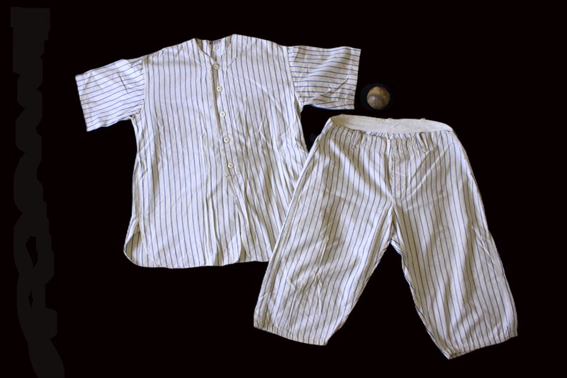 ca 1930s striped Baseball uniform and leather baseball, Sport collectible uniform, vintage sport equipment for TV movie prop or display image 1