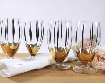 MCM Gold rim black stripe cocktail glasses set of 4, vintage retro barware thin lemonade glasses