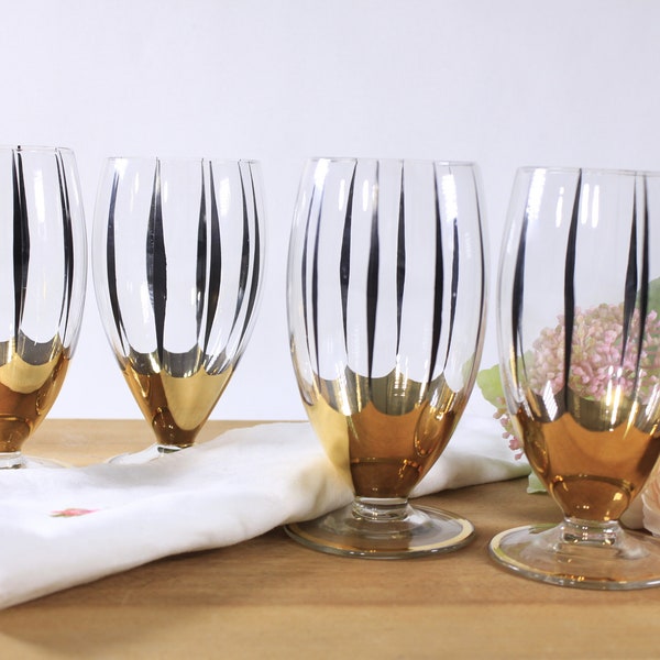 MCM Gouden rand zwarte streep cocktailglazen set van 4, vintage retro bar dunne limonadeglazen