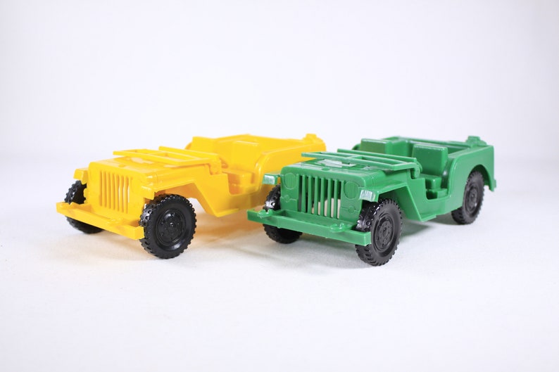 Vintage plastic Jeep Toy Willys jeep made in Canada CHOOSE Yellow or Green ca 1980s image 2