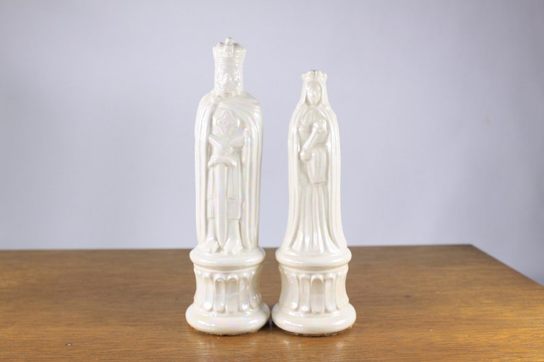 PAIR 66.5 Medieval King and Queen wedding cake toppers pearlescent porcelain, vintage large ceramic chess pieces image 9