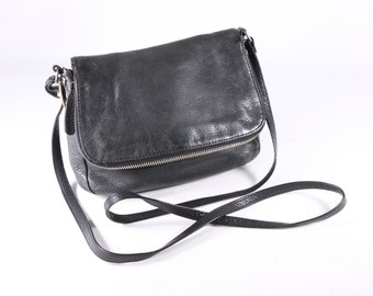 Black leather crossbody handbag, green / black genuine leather purse