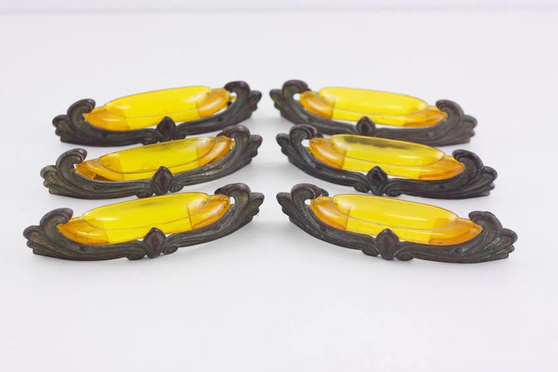 Orange bakelite Art Deco drawer pull sunburst bakelite on brassed copper drawer handles