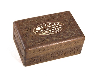 boîte à bijoux vintage en bois dur, boîte en bois incrusté sculpté, boîte à bijoux, boîte de rangement pour boîte à cartes